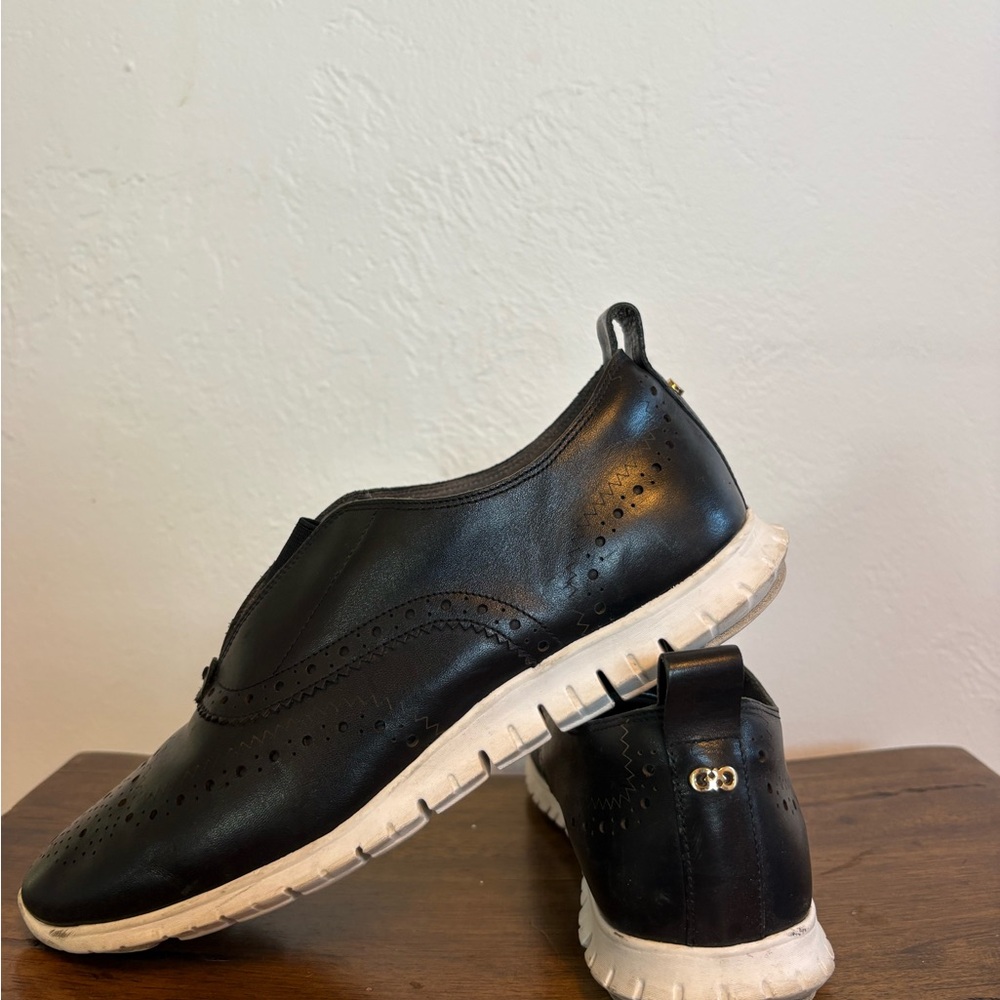 Cole Haan Black Perforated Slip On Wingtip Loafers with White Soles